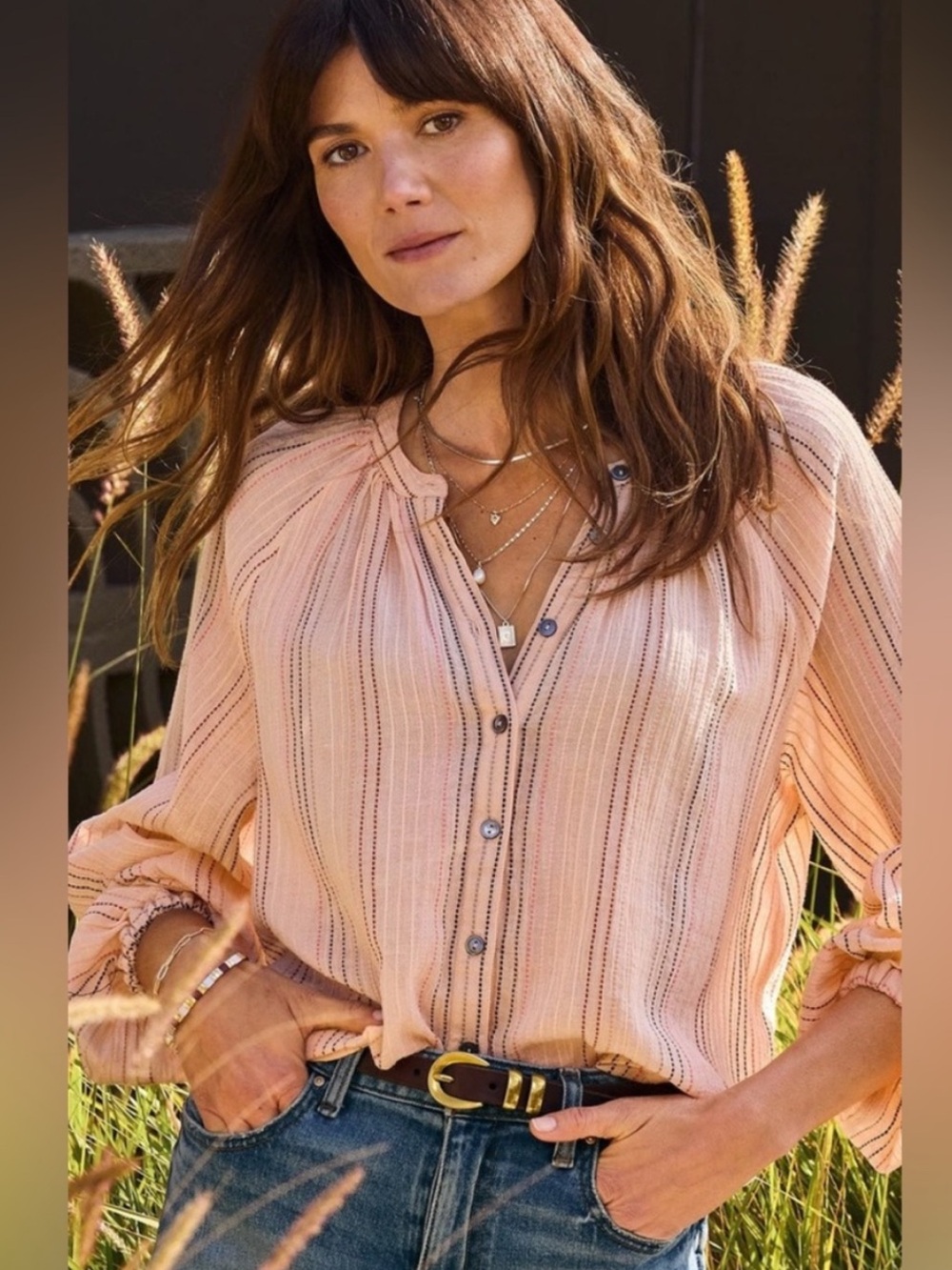 EVEREVE Mindy Peach Multicolor Striped Button Down Blouse Size Small New